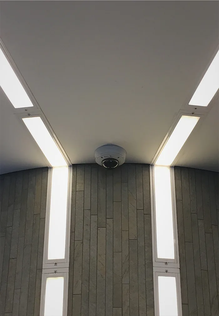 Dome camera in a ceiling between two light strips above a wooden wall