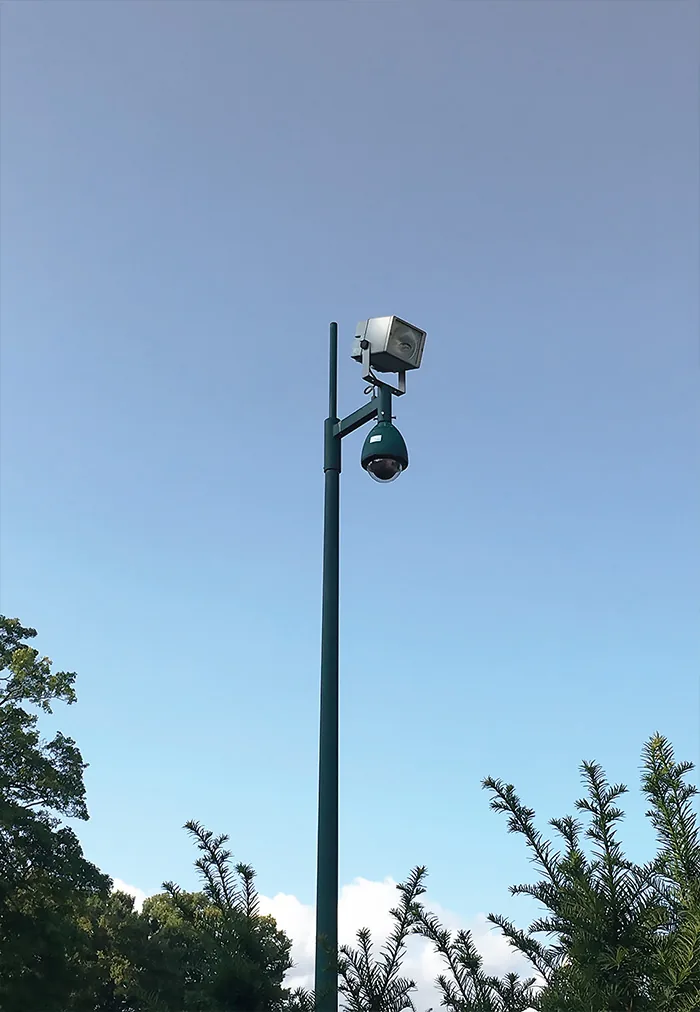 Pole with a camera and a dome camera against a clear blue sky, treetops below